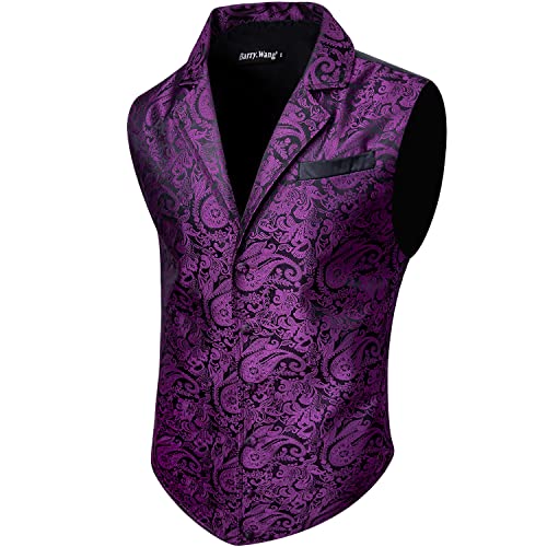 Barry.Wang Mens Silk Victorian Suit Vest Tailored Collar Paisley Steampunk Gothic Waistcoat Formal/Leisure - Dark Purple Paisley - XXL