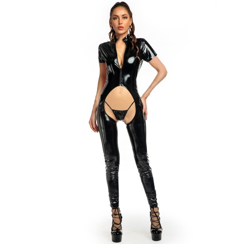 Plus Size Latex Catsuit Zip-Up - Black / M