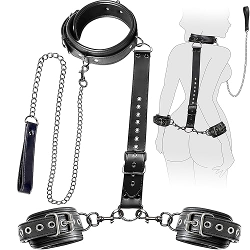 BDSM Bondage Sex Restraints Set Couples Sex Toys, Neck to Wrist Restraints Kit with Traction Chain Back Sex Handcuffs Collar Adjustable Bondage Gear Accessories SM Sexy Slave Beginner Role Play Toy - Black