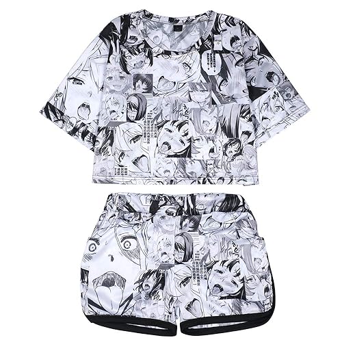 Quker Bean Women's Ahego Face Print 2 Piece Outfits Crop Top and Shorts Pajamas Set XS-2XL - Medium - Gray
