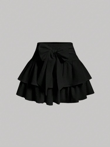 SHEIN MOD Solid Color Multi-Layered Cake Skirt With Bow Tie Belt Design Back To School Outfits Black Skirt