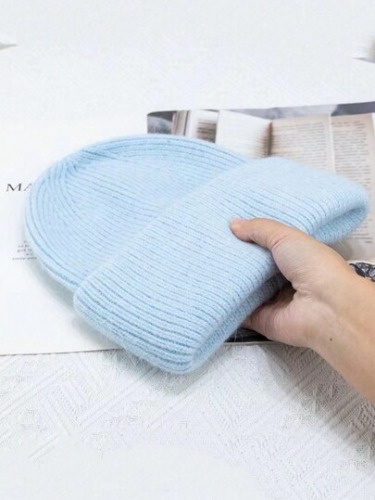 FADZOYLE 1ps Light Blue Knit Cuffed Beanie Hats For Women Winter Fur Knitted Caps Soft Slouchy Warm Snug Snow Ski Running Unisex Adult Knit Hat