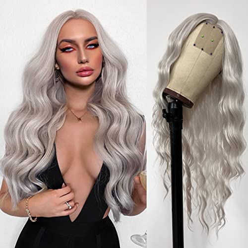 Fugady Ash White Wig Loose Wave Wig Grey Wigs For Women Synthetic Grey Lace Front Wigs Silver Wigs Wavy Wig Pre Plucked Baby Hair Heat Resistant Fiber (Synthetic 24 Inches) - Ash Grey | 24"