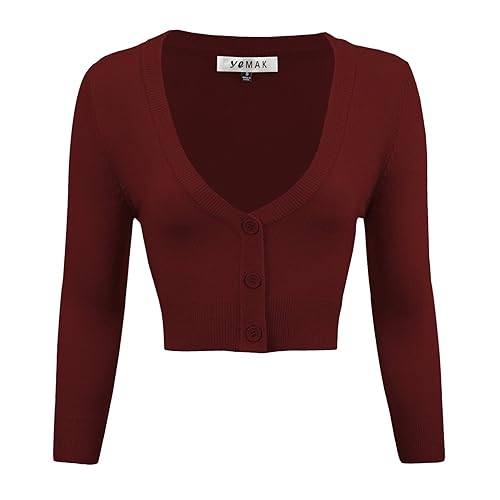 YEMAK Women's Cropped Bolero Cardigan – 3/4 Sleeve V-Neck Basic Classic Casual Button Down Knit Soft Sweater Top (S-4XL) - Medium - Burgundy