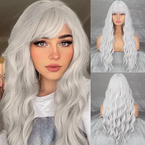 MERISIHAIR Long Silver White Hair Wigs for Women Synthetic Platinum White Wig with Bangs Wavy Costume Cosplay Wig For Girls Daily Use Wear, Halloween & Cosplay - Silver