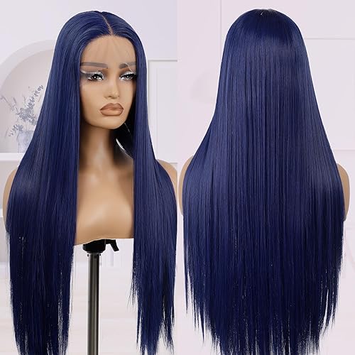 Dark Blue Wig, Straight Hair Navy Blue Lace Front Wigs Synthetic Pre Plucked Natural Hairline Heat Resistant Fiber (Dark Blue, 30 Inch) - 30 Inch - Dark Blue