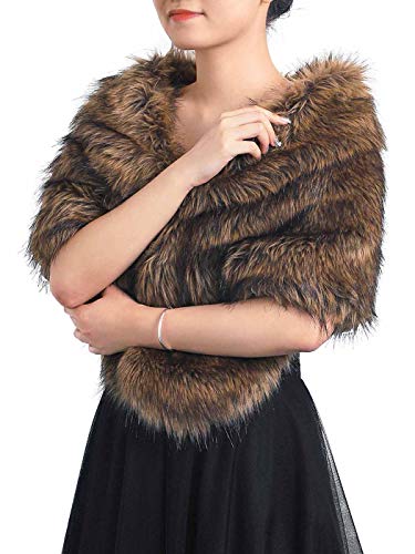 EARENT Women's Faux Fur Shawls and Wraps Wedding Sleeveless 1920s Fur Scarf Bridal Fur Stoles Winter Fur Caplet for Brides - B-brown - Medium
