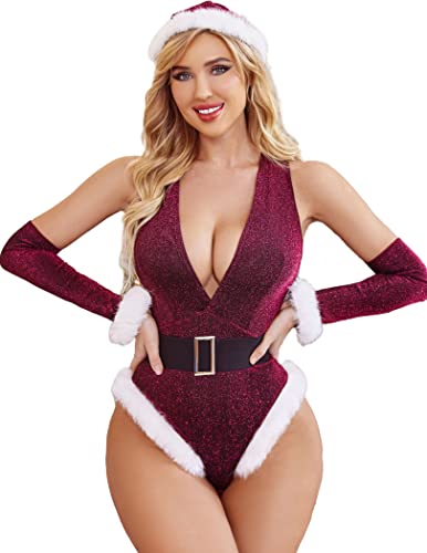 Avidlove Women Christmas Lingerie Bodysuits Sexy Deep V Plunging Teddy with Christmas Hat and Fingerless Gloves - Medium - Wine Red