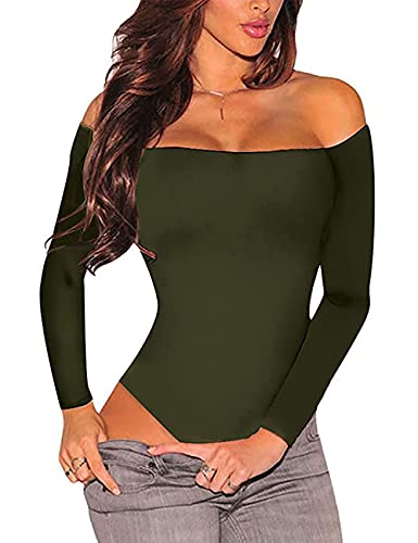 MAYFASEY Women's Sexy Off Shoulder Long Sleeve Bodycon Bodysuit Leotard Jumpsuit Tops - Small - 02# Army Green