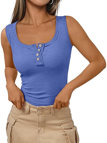 Kissfix Tank Tops for Women Summer Casual Camisole Tops Ribbed Sleeveless Henley Shirts Basic Clothing - Small - _Royalblue