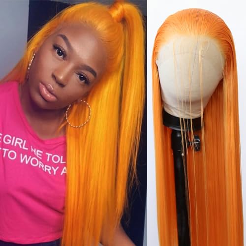 BTWTRY Orange Synthetic Lace Front Wig Long Straight Bright Orange Lace Front Synthetic Wig Pre Plucked Natural Hairline Glueless Heat Resistant Fiber Hair Wig for Fashion Women (Orange) - Orange