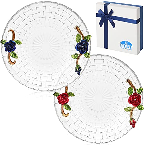 BTaT- Fancy Dessert Plates with Gift Box, 6 Inch, Set of 2, Glass Dessert Plates with Blue and Red Flowers, Round Glass Plate, Glass Dessert Plates, Gifts for Women, Wedding, Christmas Gifts