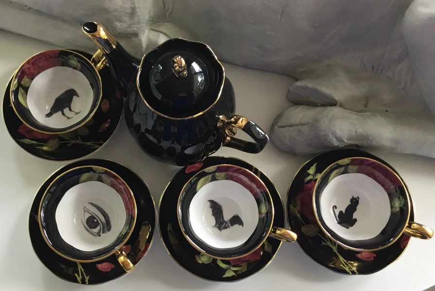 Gorgeous Black and Gold Tea Set with Black Rose Design, Bat, Cat, Crow and Eye Design, Halloween Tea Set, Porcelain. Food Safe & Durable.
