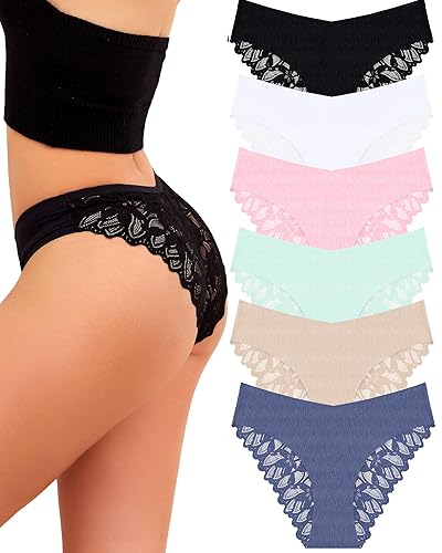 Lace Brazilian Panties Multipack - Black/Sky Blue/White/Pink/Light Green/Apricot - M