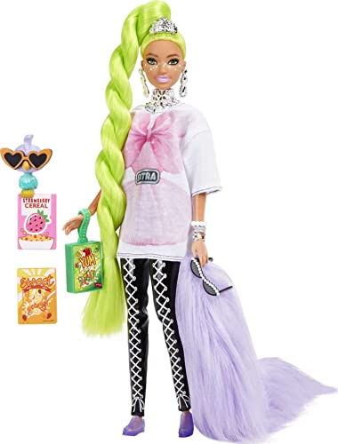 Barbie Extra Doll and Barbie Accessories with Neon Green Hair, Feather Boa and Pet Parrot - Neon Green Hair Feather Boa