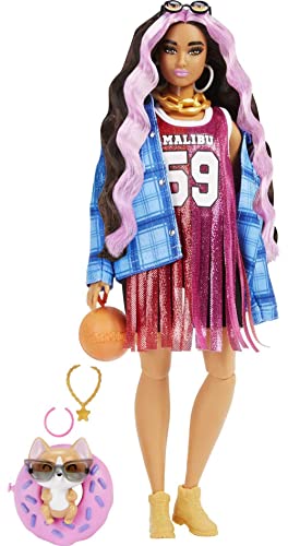 Barbie Extra Doll and Accessories with Pink-Streaked Crimped Hair in Jersey Dress with Pet Corgi - Pink Streaks Jersey Dress