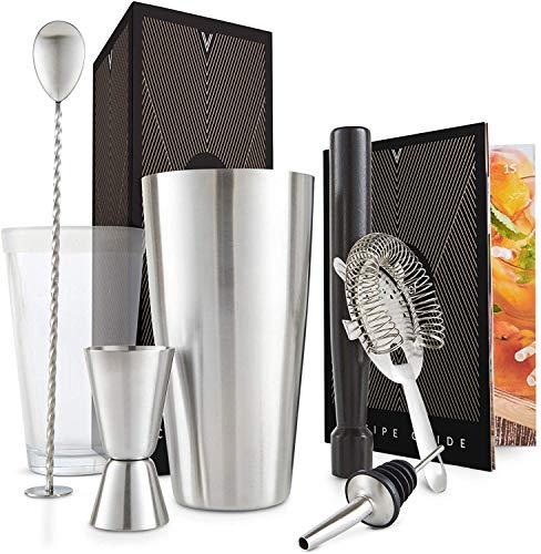 VonShef Cocktail Shaker Set, Silver 7pc Set with 700ml Boston Cocktail Shaker, Professional Bartender Set for Home Bar, Including Strainer, Muddler, Jigger & Other Bar Accessories, Gift Box Included - Silver