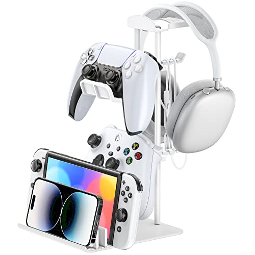 KDD Headphone Stand, Game Controller Holder & Headset Stand for Desk, Earphone Stand with Aluminum Supporting Bar, Universal Storage Organizer Headphones/Controller/Switch/iPad/Mobile phone(White) - White