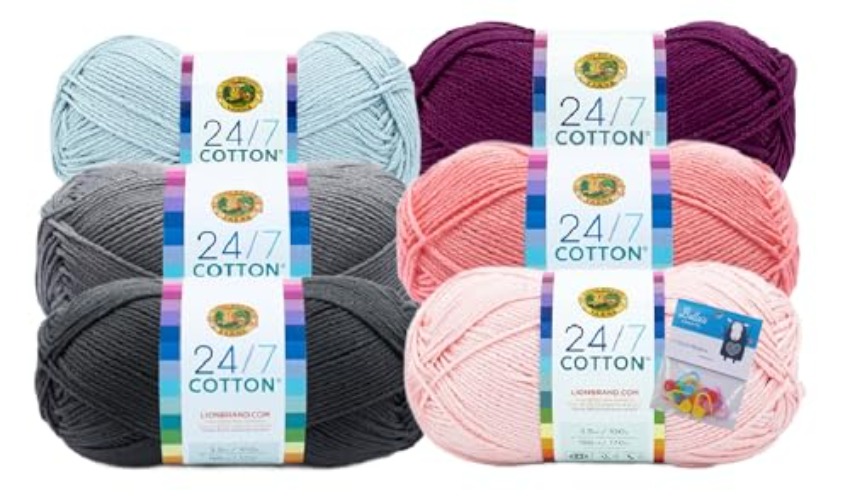Lion Brand Yarn 24/7 Cotton Yarn, 6 pack Bundle with Bella's Crafts Stitch Markers (Newborn) - Newborn
