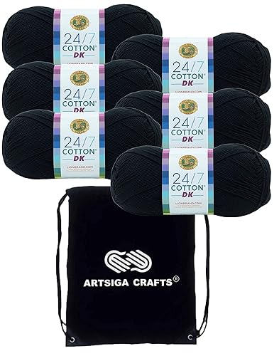 Lion Brand 24/7 Cotton DK Caviar 769-153 (6-Skeins - Same Dye Lot) DK Light Worsted #3 Cotton Yarn for Crocheting and Knitting with Project Bag - 6 - 769-153-caviar