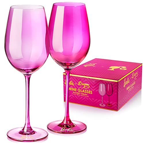 Dragon Glassware x Barbie Wine Glasses, Pink and Magenta Crystal Glass, Large Barware for Red and White Wine, Unique Gift for Wine Lovers, 17.5 oz Capacity, Set of 2 - 2 Count (Pack of 1) - pink,magenta