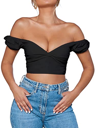 Avanova Women's Twist Front Off Shoulder Crop Top V Neck Short Sleeve Blouse - Medium - Black