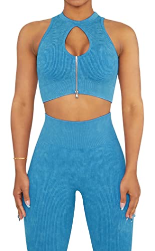 OLCHEE Womens Workout Sets 2 Piece - Seamless Ribbed Acid Wash Yoga Outfits Leggings and Keyhole Zip Crop Top Bra Gym Clothes - A: Blue - Large