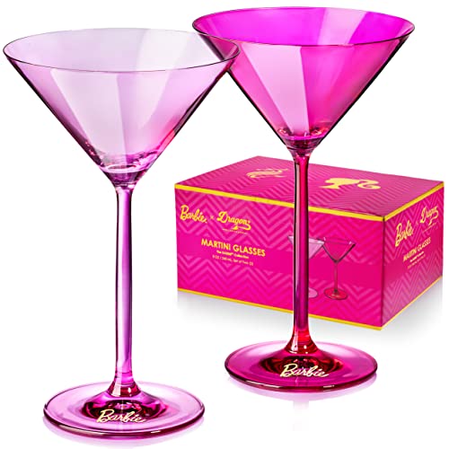 Dragon Glassware x Barbie Martini Glasses, Pink and Magenta Crystal Glass, Large Cosmopolitan and Cocktail Barware, Unique and Fun Gift for Espresso Martini Lovers, 8 oz Capacity, Set of 2 - 2 Count (Pack of 1) - Barbie