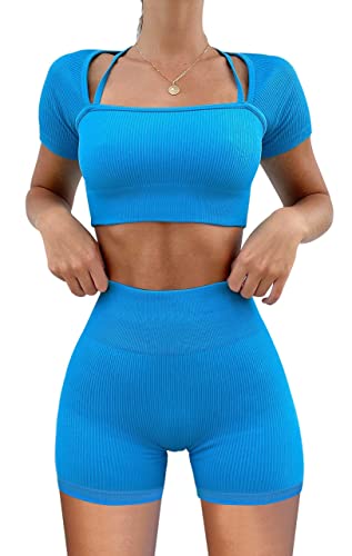 OLCHEE Womens Workout Sets 2 Piece - Seamless Ribbed Gym Outfits Short Sleeve Crop Top and Biker Shorts Matching Yoga Clothes - Mini Shorts - Sky Blue - Large