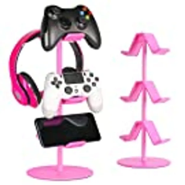 KELJUN Controller Holder Pink,Headphone Stand,3 Tier Multi Adjustable Game Controller Headset Hanger for All Universal Gaming PC Accessories, Xbox PS4 PS5 Nintendo Switch(Cute Pink)