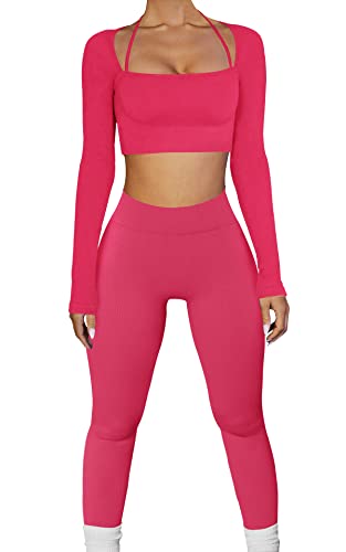 OLCHEE Womens Workout Sets 2 Piece - Seamless Ribbed Gym Outfits Short Sleeve Crop Top and Biker Shorts Matching Yoga Clothes - Leggings - Pink - Large