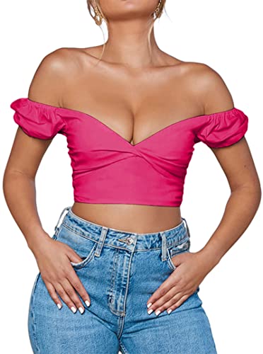 Avanova Women's Twist Front Off Shoulder Crop Top V Neck Short Sleeve Blouse - Medium - Hot Pink