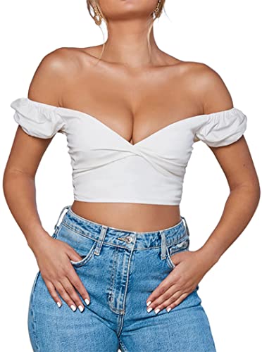 Avanova Women's Twist Front Off Shoulder Crop Top V Neck Short Sleeve Blouse - Medium - White