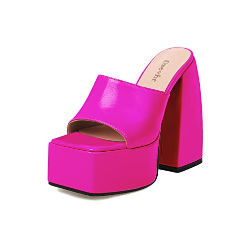 Dsevht Chunky Platform Sandals for Women,Slip On Square Toe Platform Mules with High Heel - 7 - Fuchsia