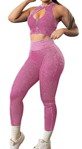 OLCHEE Womens Workout Sets 2 Piece - Seamless Ribbed Acid Wash Yoga Outfits Leggings and Keyhole Zip Crop Top Bra Gym Clothes - A: Pink - Large