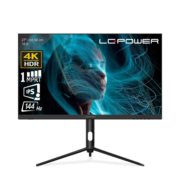 LC-Power Gaming Monitor, Pantalla para PC(27", 4K Ultra HD IPS 144 Hz, HDR400, 3840x2160, 1ms, DP, HDMI, USB, Flicker Free, Adaptive Sync, Mecanismo de rotación de 90º, Soporte Ajustable en Altura)