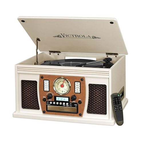 Victrola 8-in-1 Bluetooth Record Player & Multimedia Center, Built-in Stereo Speakers - Turntable, Wireless Music Streaming, Real Wood | White - White