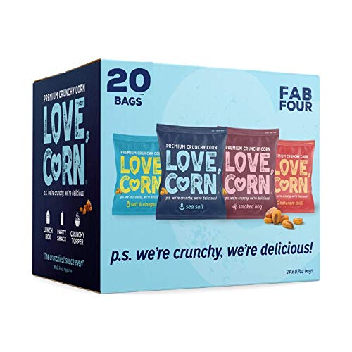 LOVE CORN Fab Four - Sea Salt, BBQ, Salt & Vinegar, Hot & Spicy 0.7oz x 20 - Delicious Crunchy Corn - Healthy Family Snacks - Gluten Free, Kosher, NON-GMO - Alternative for Chips, Nuts, Crackers & Pretzels - Variety Pack - 0.7 Ounce (Pack of 20)