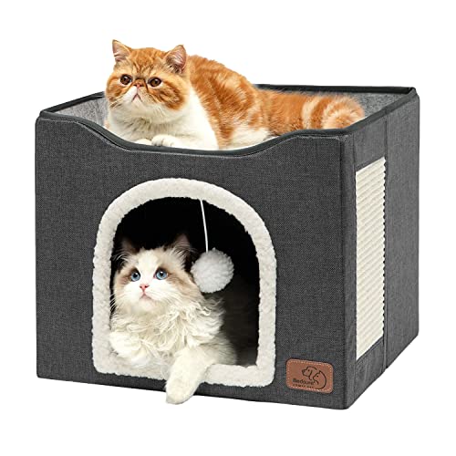 Bedsure Cat Beds for Indoor Cats - Large Cat Cave for Pet Cat House with Fluffy Ball Hanging and Scratch Pad, Foldable Cat Hideaway,16.5x16.5x13 inches, Dark Grey - Single - Dark Grey
