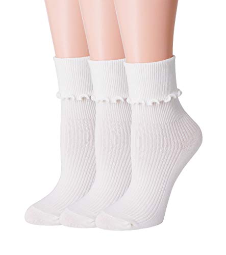 SRYL Women Ankle Socks Ruffle Turn-Cuff,Lovely double needle solid color edge relent Girl socks - 5-9 - 3 Pairs-white