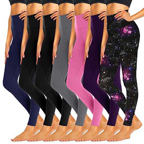 iceROSE 7 Pack Leggings for Women, High Waisted Black Yoga Leggings for Workout Running Maternity - 01 Black*2/ Navy Blue/ Dark Grey/ Purple/ Pink/ Galaxy - Large-X-Large