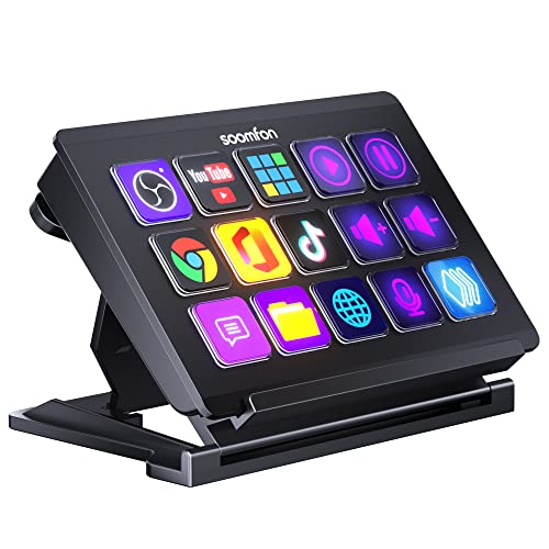 Stream Controller Mezclador de Audio con 15 Teclas LCD Personalizables, SOOMFON Controlador de Directo y Estudio, Control Deck Todo en Uno para Streaming y Creación de Contenido, Funciona en Mac y PC