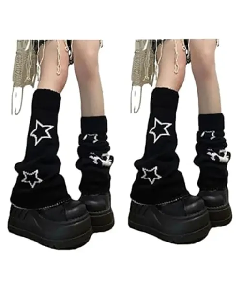 heyheyshine Y2k Star Skull Print Two Side Wear Knitted Leg Warmers Socks Punk Girls Japanese Kawaii Streetwear Leg Cover