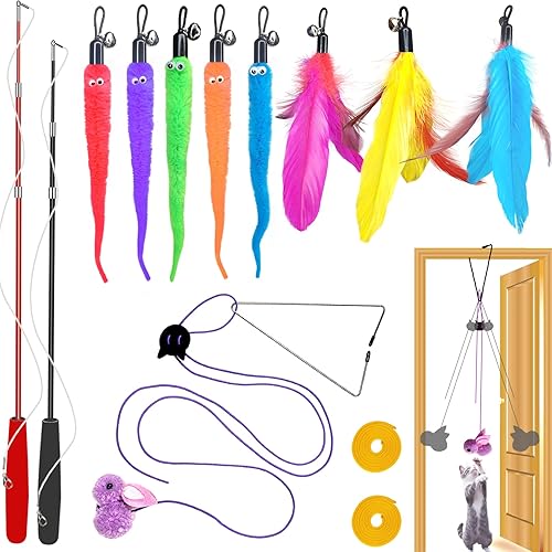 Cat Toys Interactive for Indoor Cats,2PCS Retractable Cat Wand Toys,9PCS Teaser Toys&1PCS Hanging Door Lure Cat Toy,Interactive Feather Toy for Teaser Play and Chase Exercise with Kitten - SET D