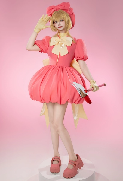 Card Master Sakura Sakura Cosplay Costume Kawaii Pink Dress with Bowknot and Gloves