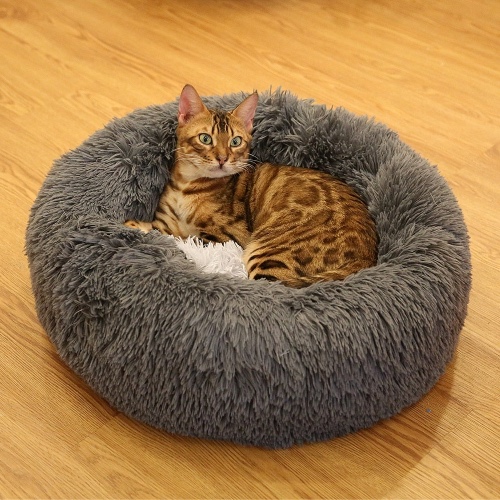 Pet Ultra Soft Long Plush Round Bed - Dark Gray