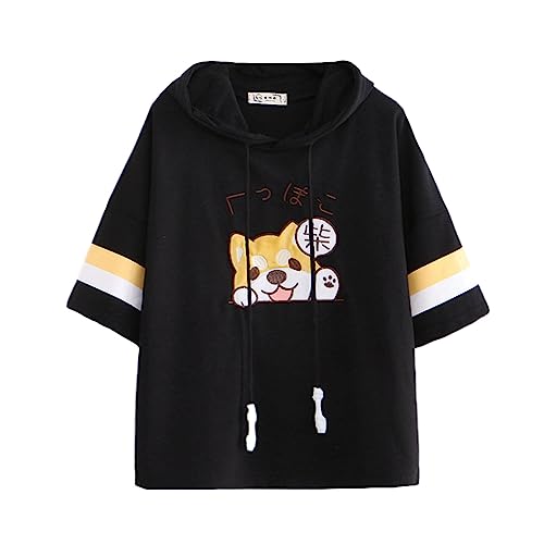 Damen Kawaii T-Shirts Niedlich Welpe Bestickter Pullover Kapuzenpullover Top Tees Kurzarm T-Shirt Bluse - Einheitsgröße - Schwarz