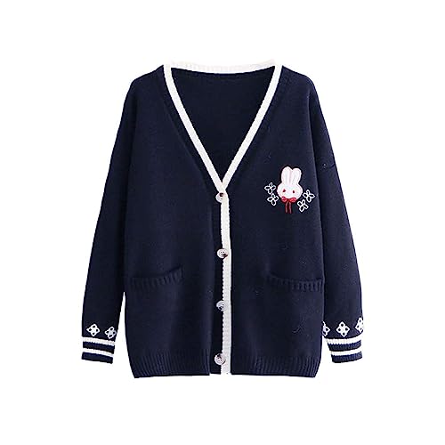 Himifashion Niedlicher Strick-Cardigan für Teenager, Mädchen, Kawaii-Bunny-Stickerei, langärmelig, Pullover mit Taschen, V-Ausschnitt - Einheitsgröße - Schwarz
