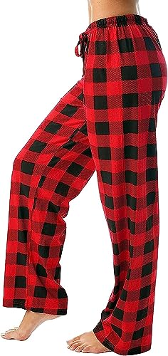 LUCKLY Women's Casual Pyjama Bottoms with Pockets and Drawstring Fitness Trousers Checked Pyjama Bottoms Soft Pyjama Bottoms Wide Leg Trousers Long Straight House Trousers - XL - Rouge