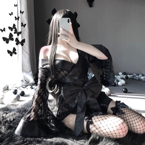 Mesh Nightgown Lace Kimono Lingerie. - Black / S